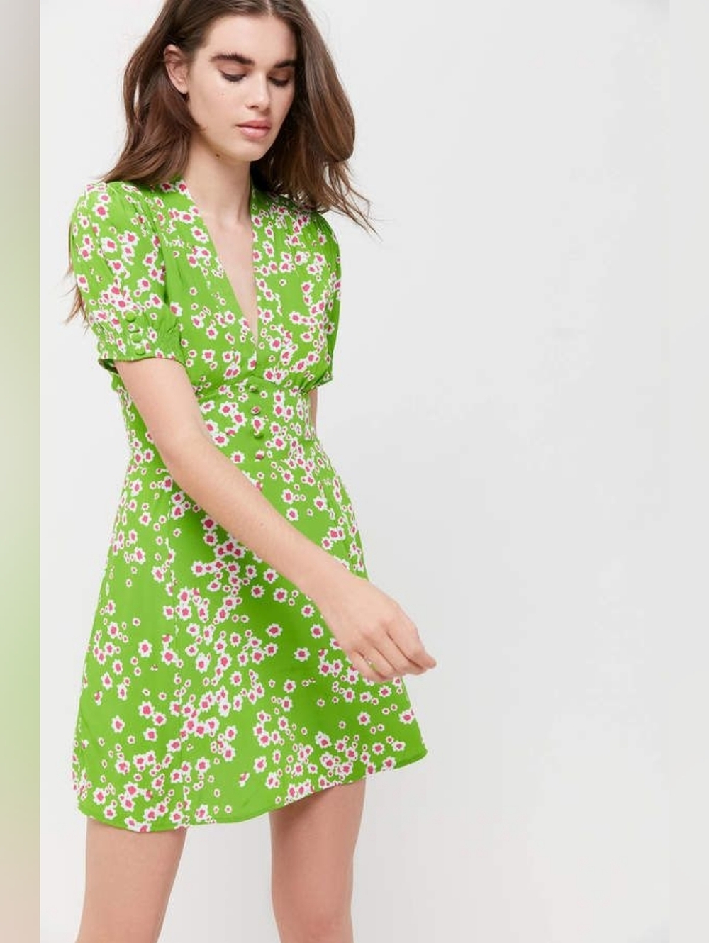 Faithfull The Brand Laurel Green Floral Mini Dress Size S Puff Sleeve Boho Flowy